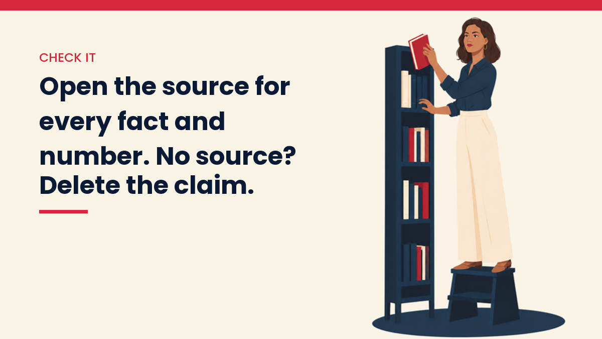 V, the VivaMomentum character, researching among library books, with the words: Open the source for every fact and number. No source? Delete the claim.