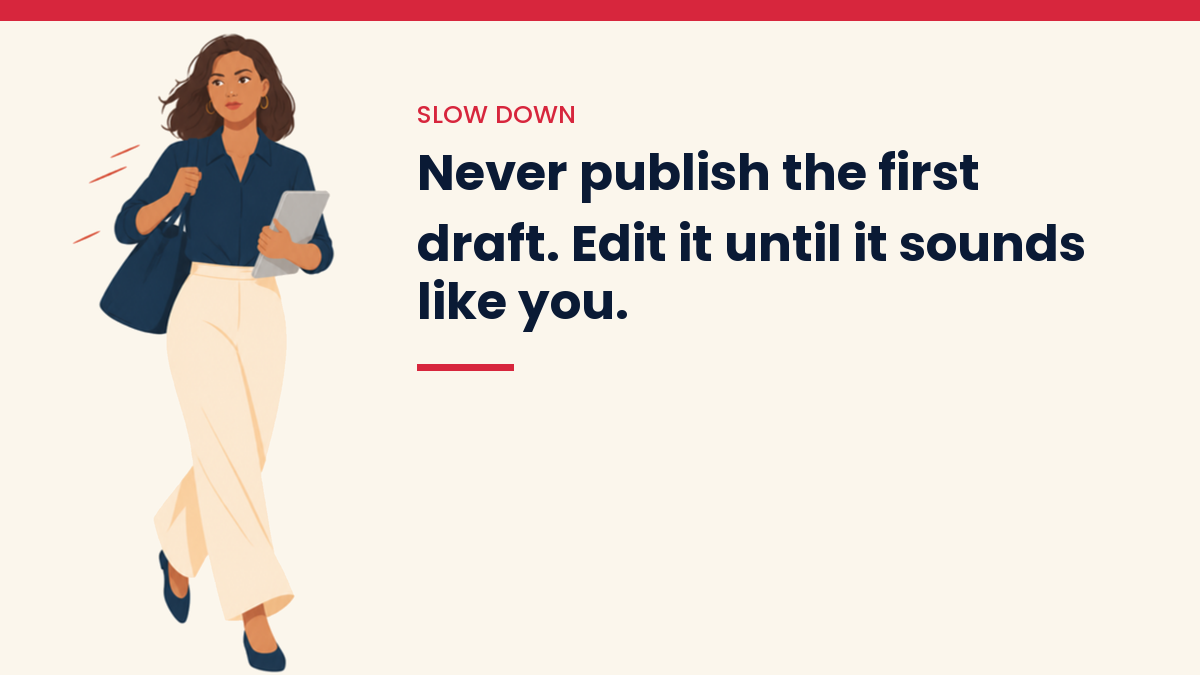 V, the VivaMomentum character, hurrying, running late, with the words: Never publish the first draft. Edit it until it sounds like you.