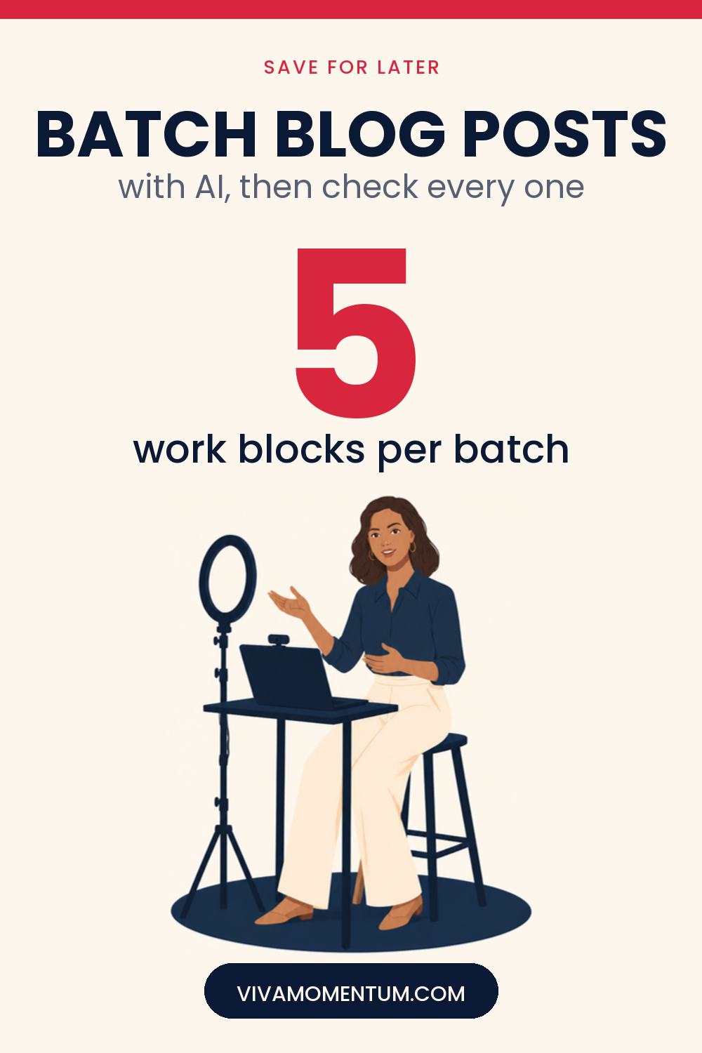 Pinterest pin: Batch Blog Posts, with AI, then check every one, with V recording a lesson at her laptop with a ring light. Save it to your Pinterest board.