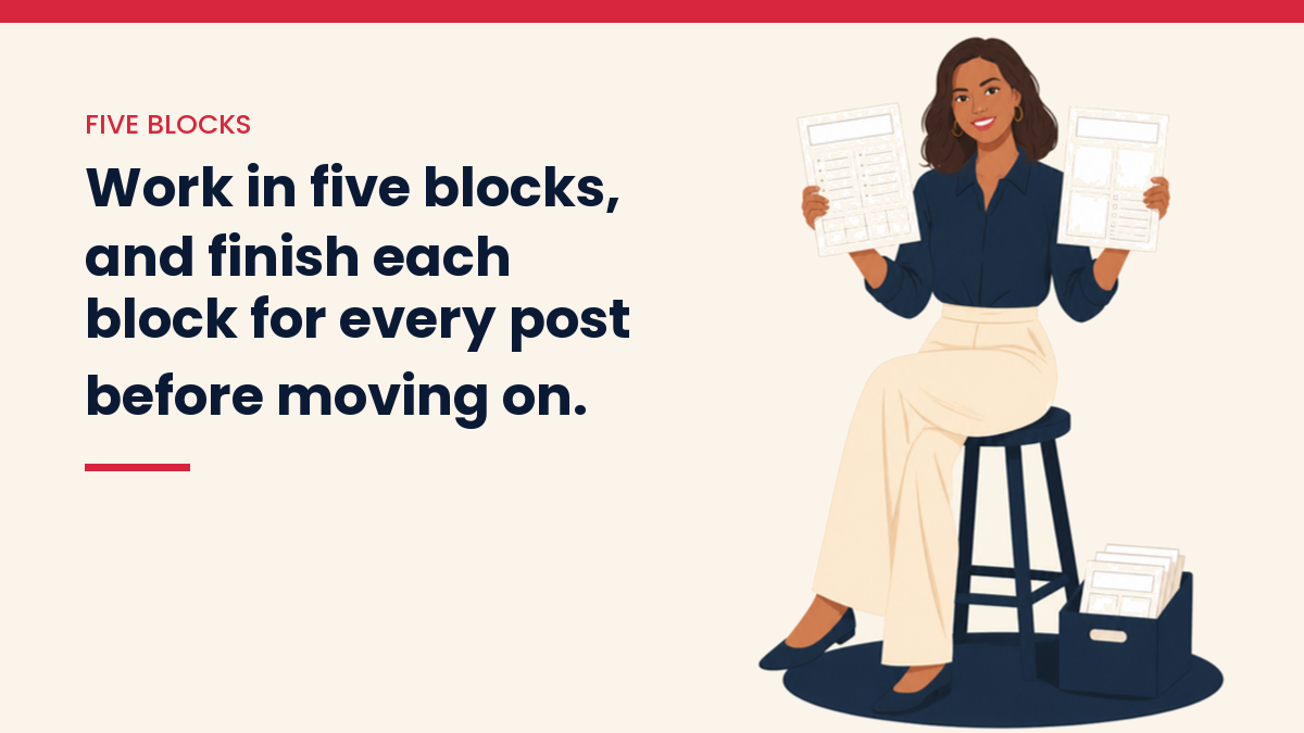 V, the VivaMomentum character, holding up two printable planner pages, with the words: Work in five blocks, and finish each block for every post before moving on.